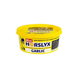 Yellow container of Mini Horslyx Garlic on a white background