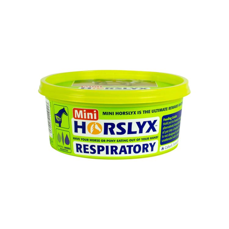 Horslyx respiratory product container with green lid and label on a white background