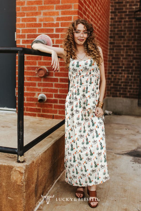 Lucky & blessed Cream Cactus & Cowboy Print Midi Dress