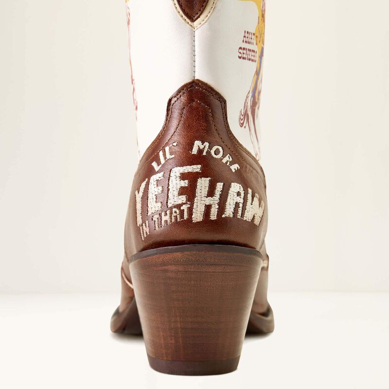 Close-up of a cowboy boot with text on a white background
