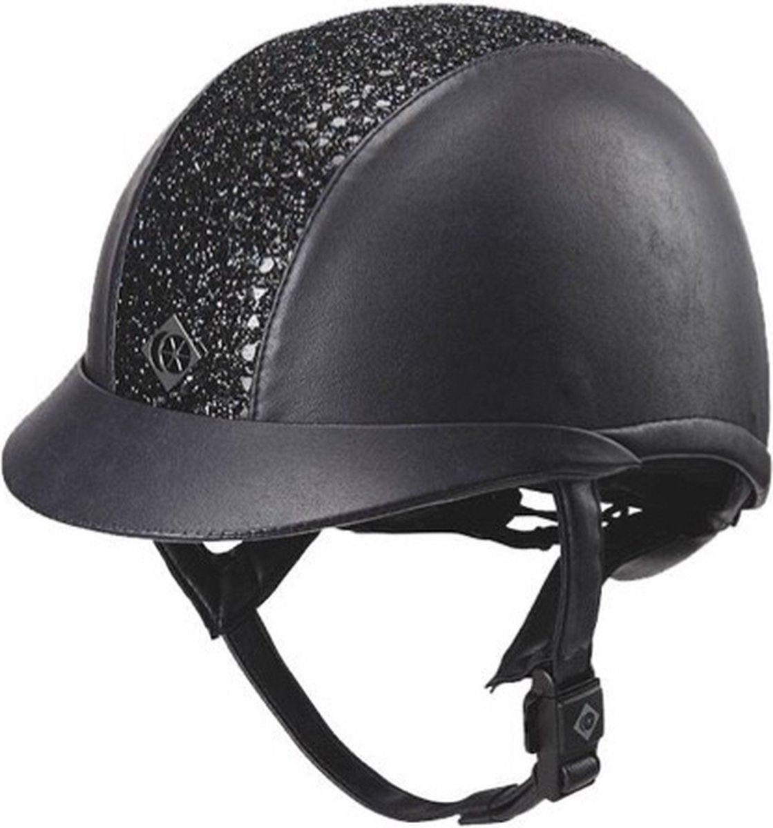 Black helmet with decorative headband on a white background