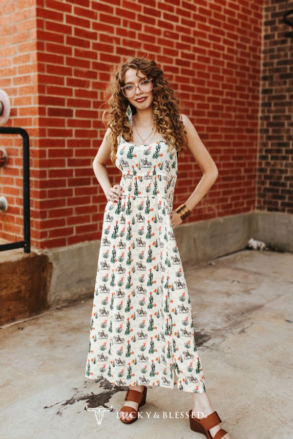 Lucky & blessed Cream Cactus & Cowboy Print Midi Dress