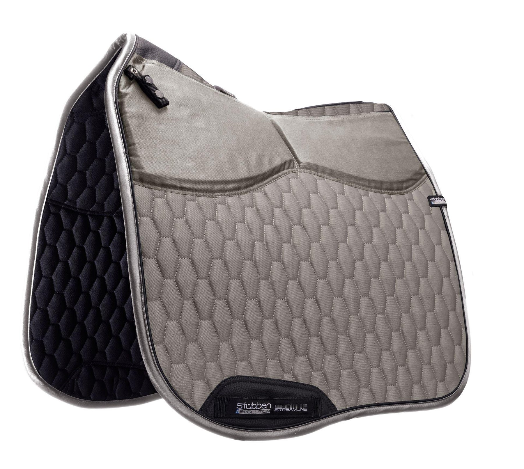 Gray and black quilted saddle pad with a brand logo on a white background