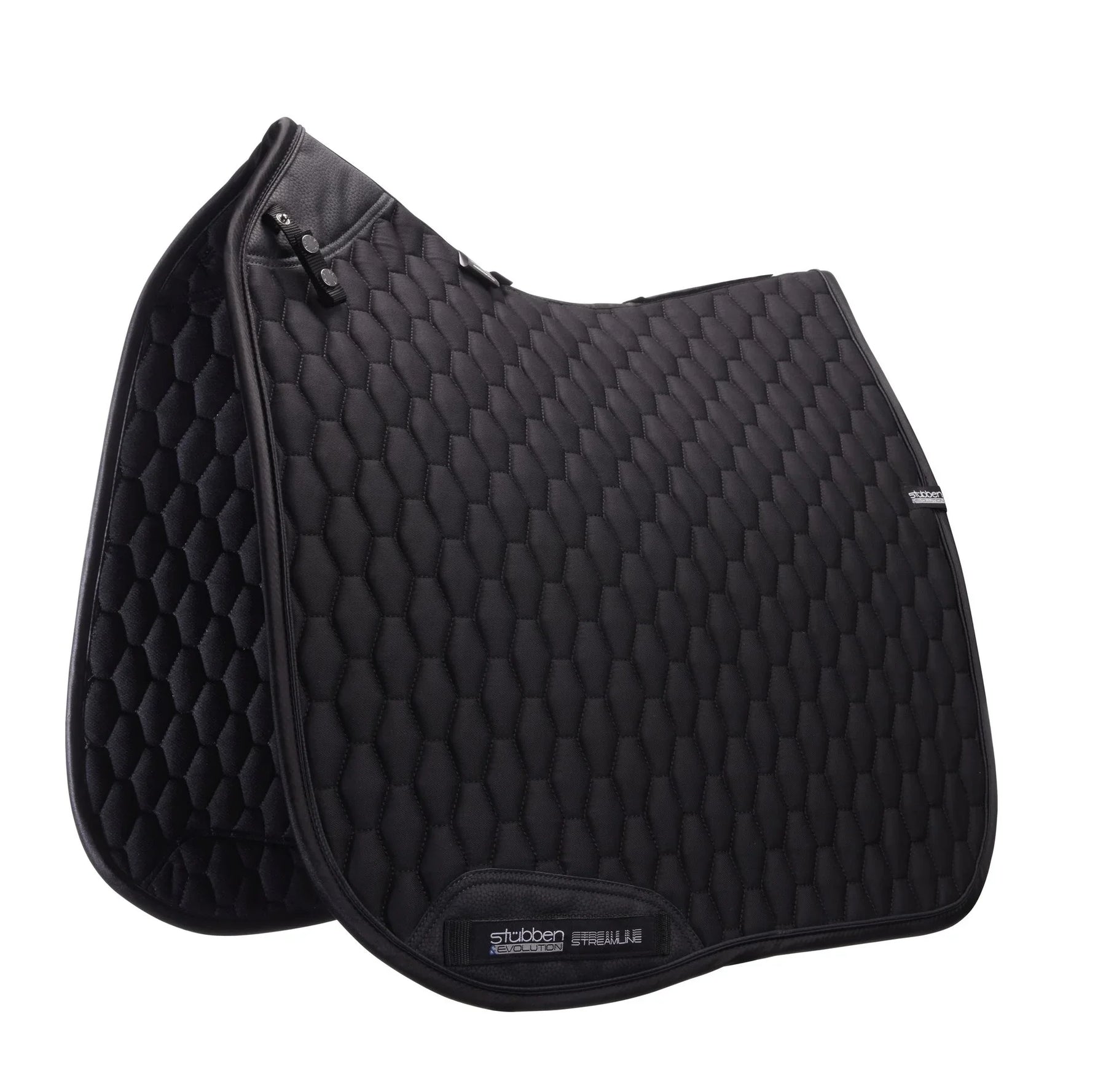Black quilted saddle pad with a visible brand logo on a white background